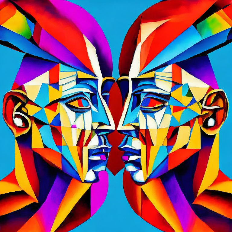 Symmetrical colorful geometric faces in profile on blue background