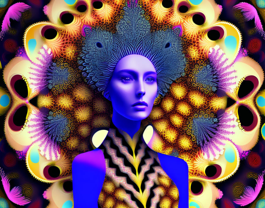 Vibrant digital artwork of blue-skinned woman in intricate floral patterns