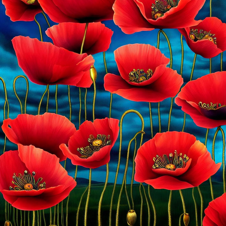 Detailed Red Poppies on Rich Blue Background