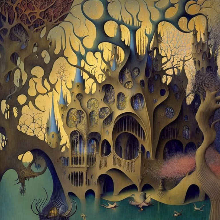 Fantasy painting of intricate tree city at twilight