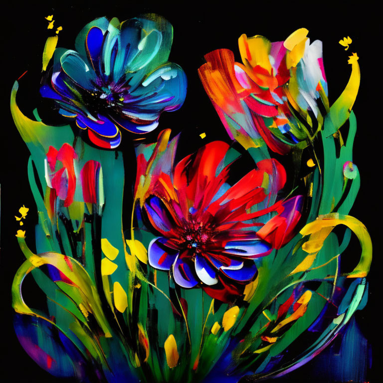 Colorful Abstract Floral Painting with Red, Blue, and Yellow Tones