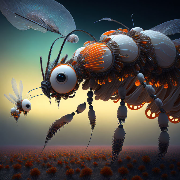 Stylized digital artwork: Mechanical insects over orange flower field