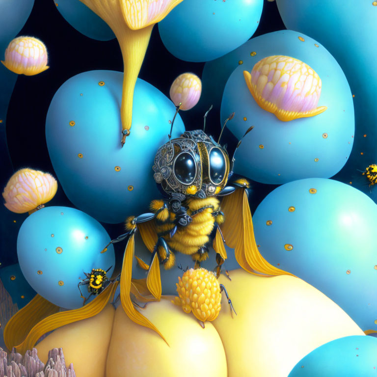 Mechanical bumblebee surrounded by vibrant orbs in dreamlike scene