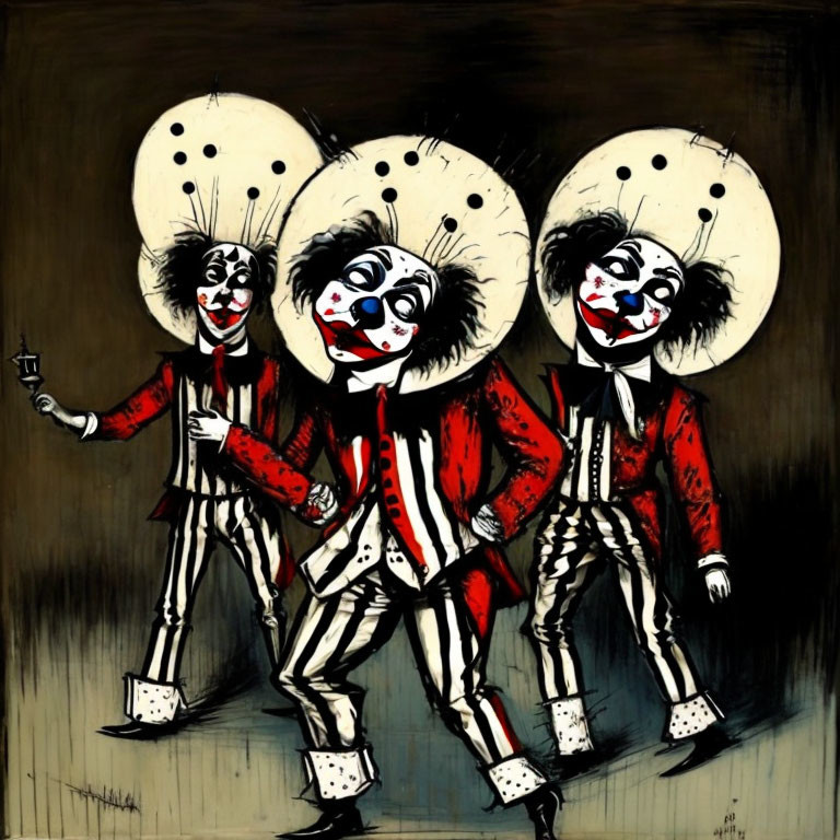 Three Sinister-Looking Clowns with Oversized Ruffs and Striped Costumes