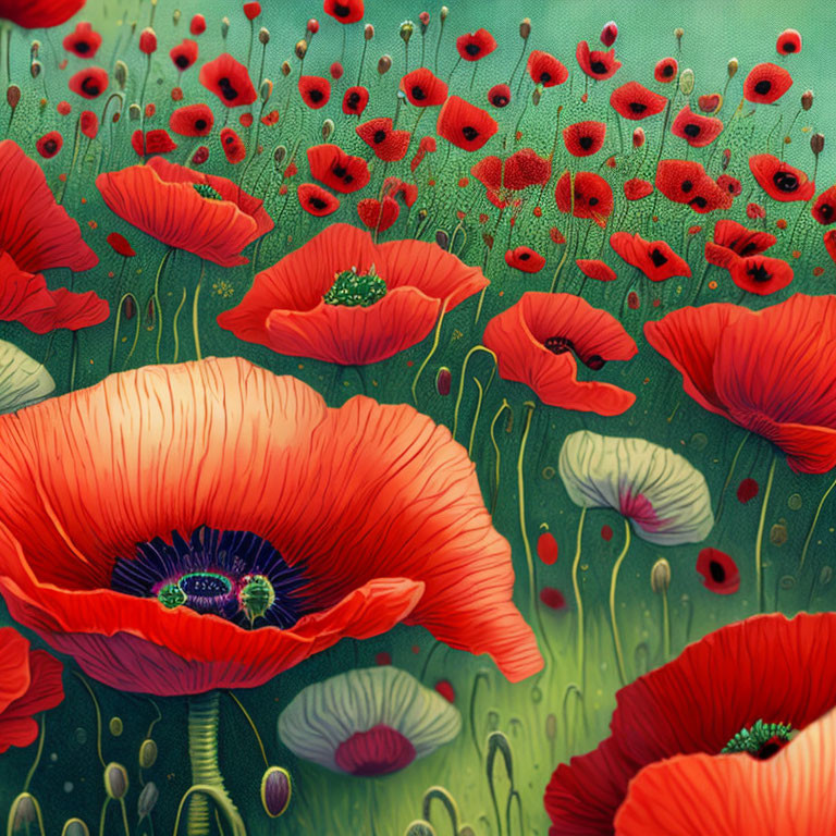 Detailed red poppies in vibrant field setting