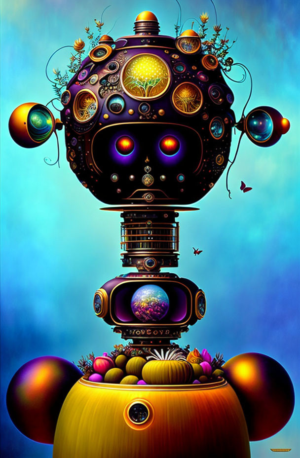 Colorful surreal illustration of fantastical structure with orbs and lights