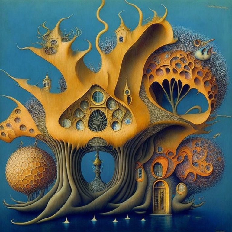 Surrealist artwork of intricate tree-like structure in blue and orange palette