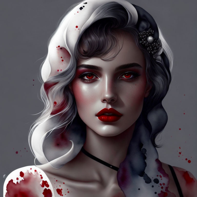 Digital portrait of woman with red eyes, red lips, white wavy hair, and adorned with cloth