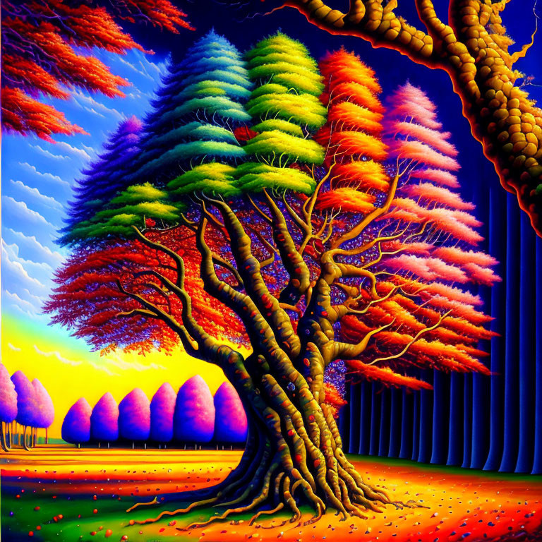 Colorful surreal landscape painting with stylized trees and dynamic sky.