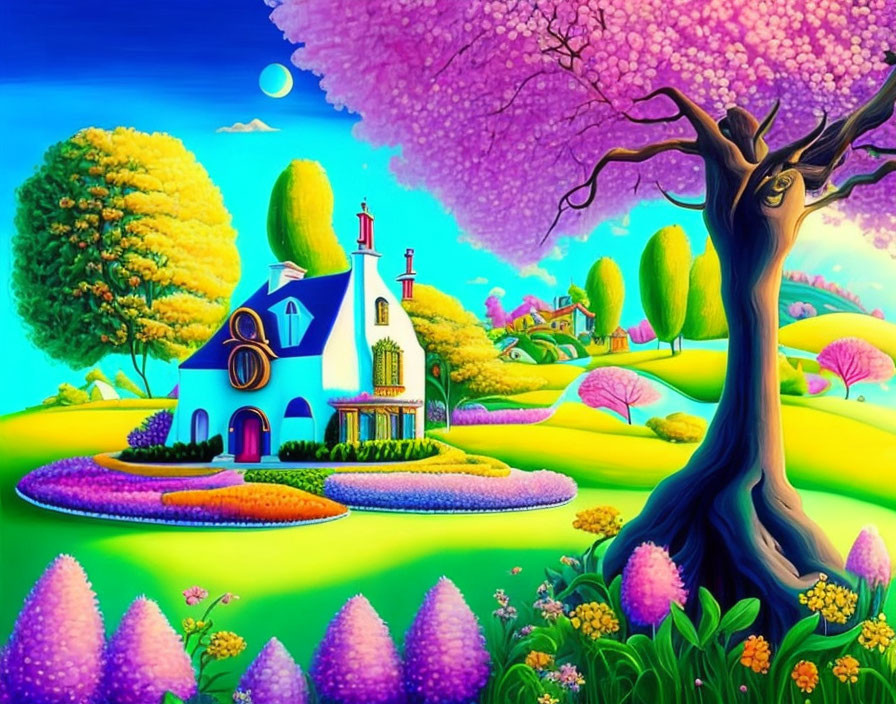 Colorful Landscape with Whimsical Trees, Red Roof House, and Crescent Moon