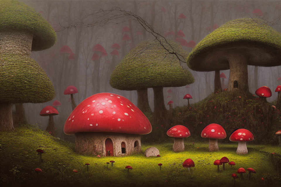 Whimsical forest with red-capped mushroom houses and misty ambiance