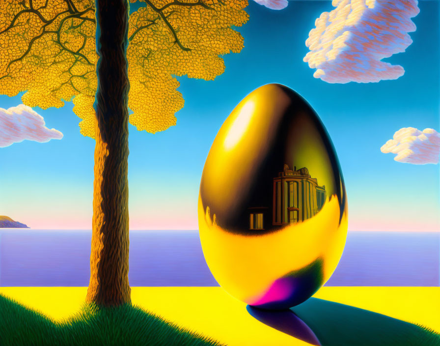 Surreal landscape with golden egg, building reflection, tree, sky, and sea view