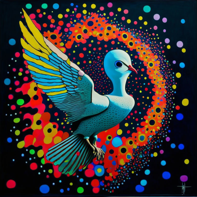 Colorful Blue Pigeon Flying in Psychedelic Circles