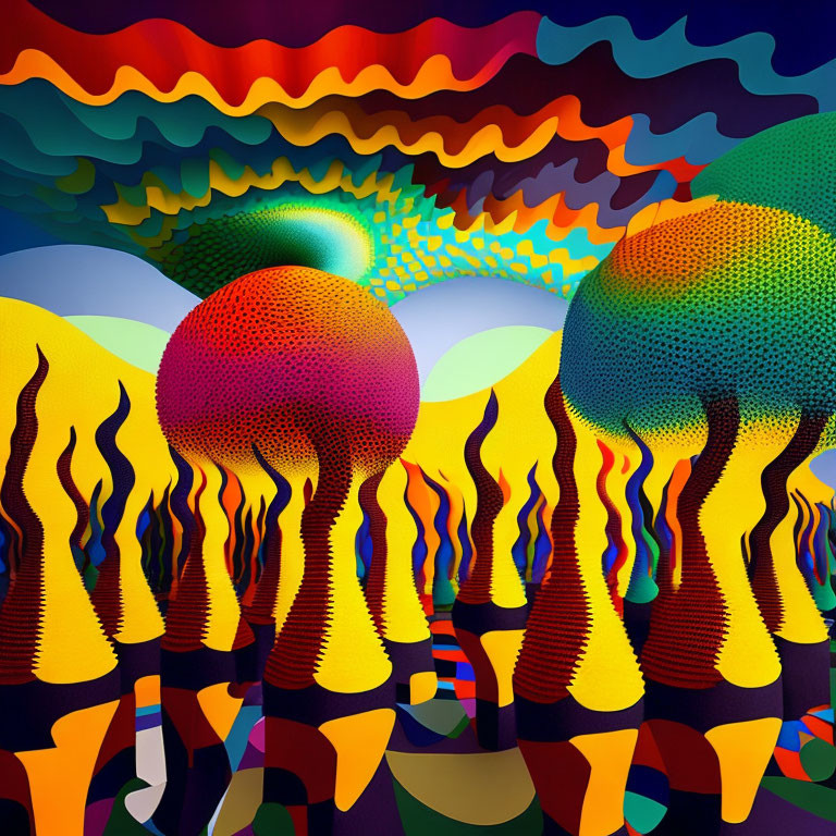 Colorful abstract art with tree-like spheres and flowing waves in psychedelic style