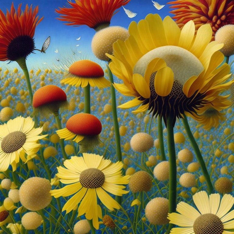 Colorful Surrealist Artwork with Flowers, Mushrooms, and Dandelion Seeds