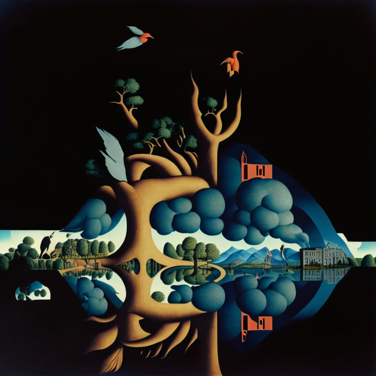 Surrealist painting with tree figure, cloud foliage, floating windows, landscapes, and flying birds