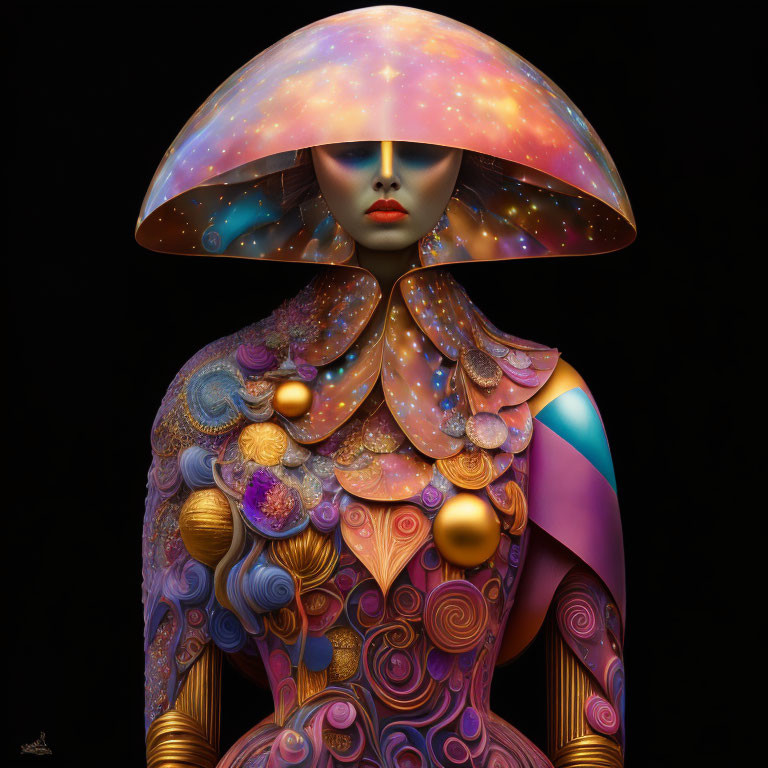 Surreal humanoid figure with galaxy mushroom head and cosmic patterns