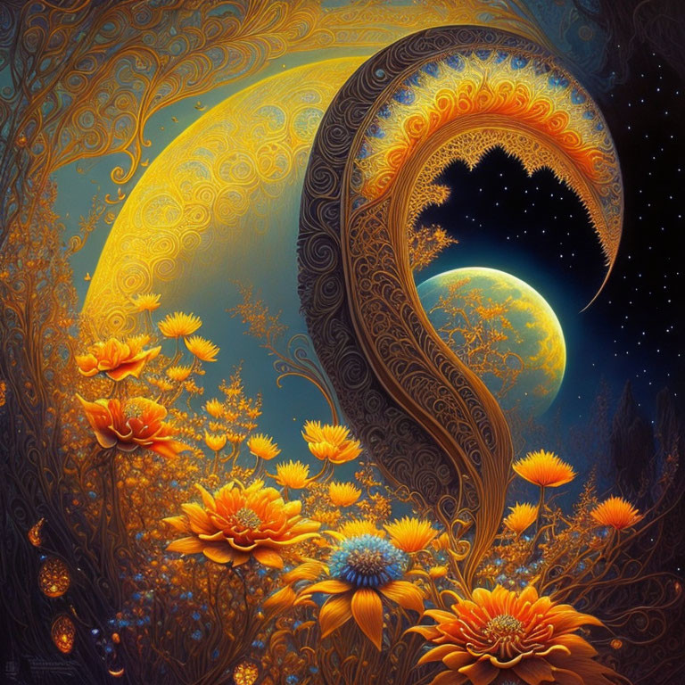 Colorful artwork: Orange flowers, paisley tree, night sky, full moon