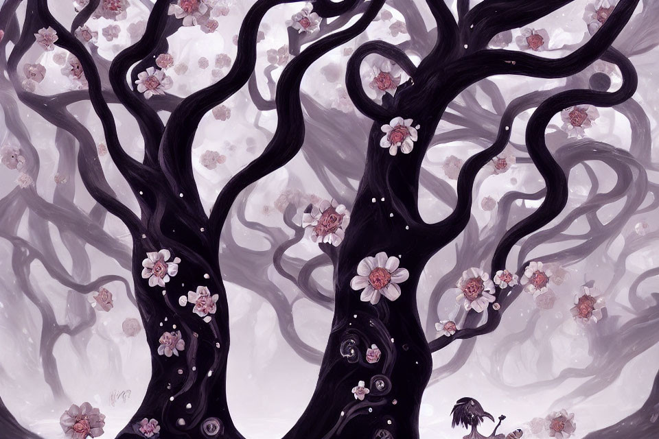 Dark, twisting trees with pink blossoms in misty setting.