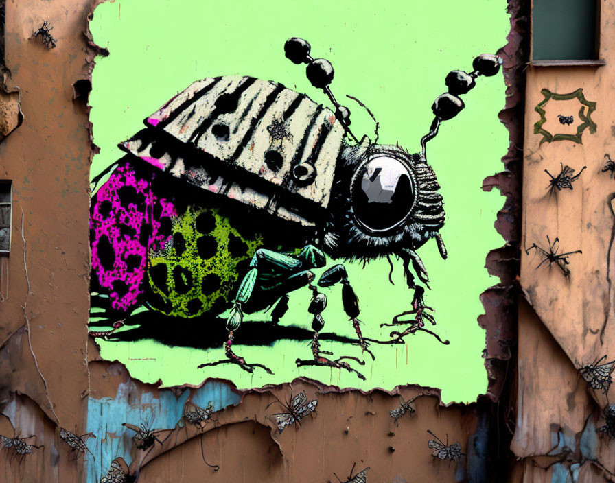 Vibrant graffiti of oversized-eyed insect on worn wall