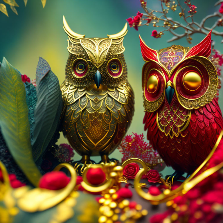 Colorful ornamental owls in gold and red amidst foliage and berries, with vibrant bokeh.