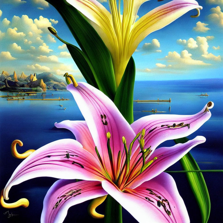 Colorful painting of pink and yellow lily with serene seascape and sailboats.