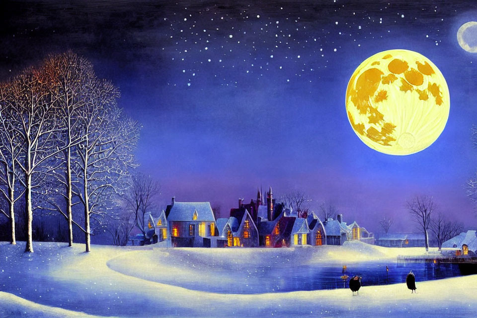 Winter night scene: full moon, starry sky, snowy landscape, leafless trees, illuminated houses