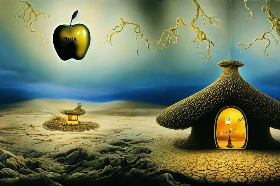 Surreal landscape featuring cracked desert floor, thatched hut, character, and floating apple.