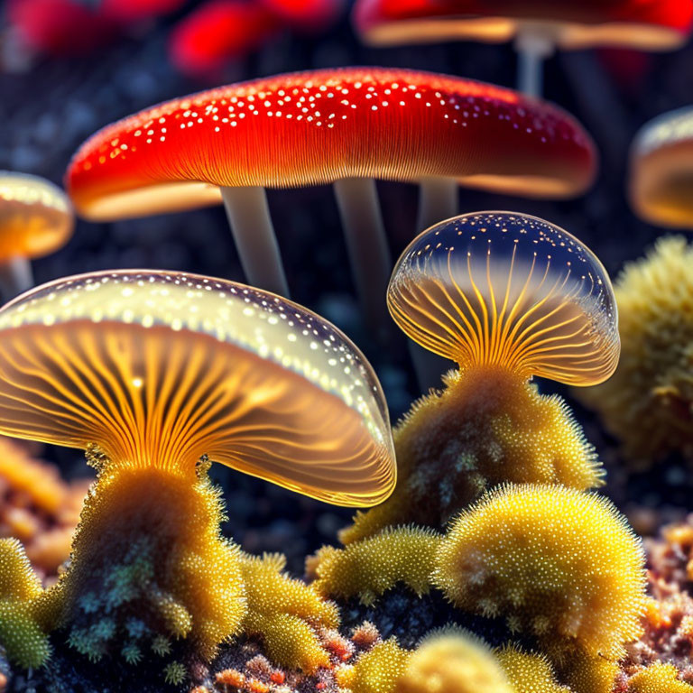 Red-capped luminous mushrooms and glowing gills in dark forest scene