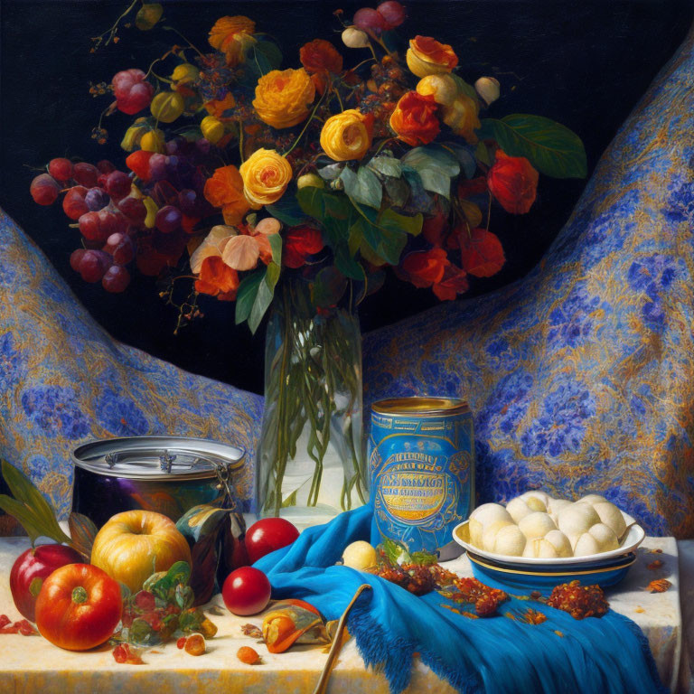 Colorful still life painting with flowers, fruits, and objects on blue cloth