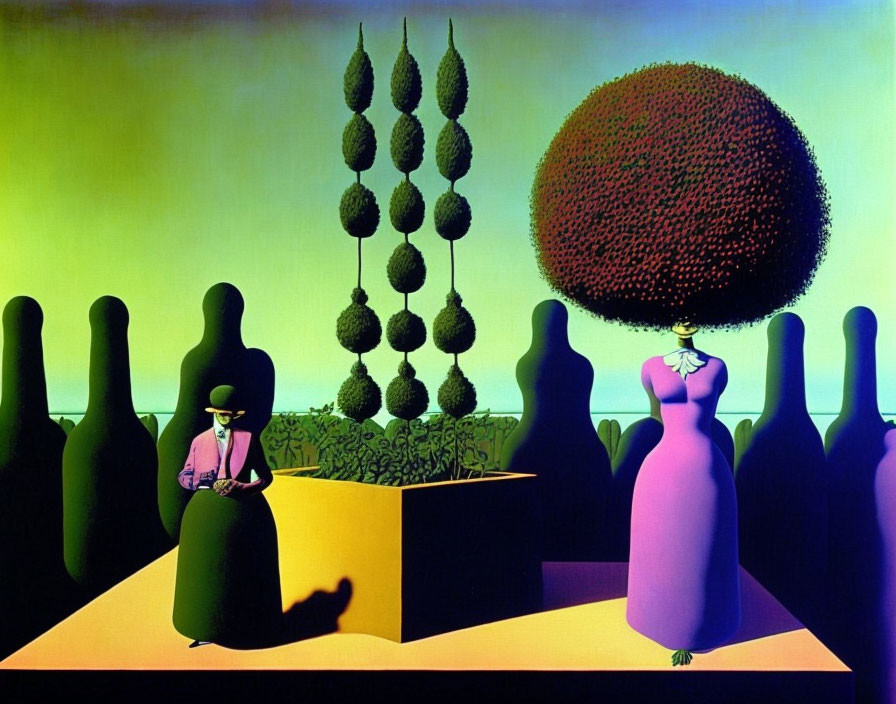 Colorful surreal landscape with large bottle-like figures, person in hat, and spherical tree