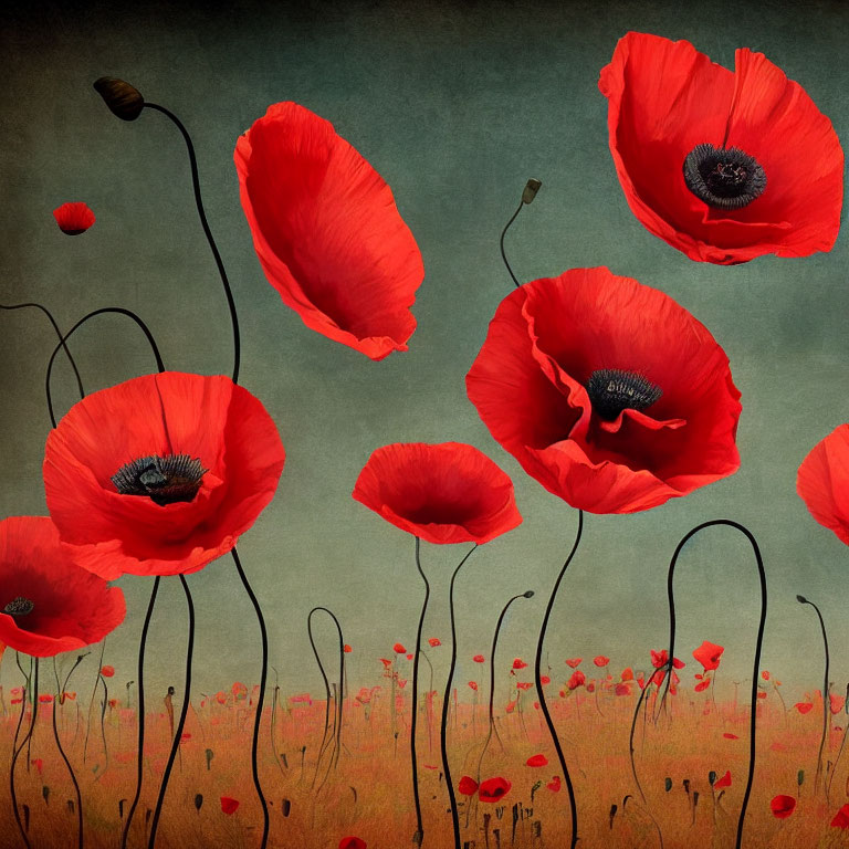 Bright red poppies with black centers on slender stems against a textured greenish-brown background.