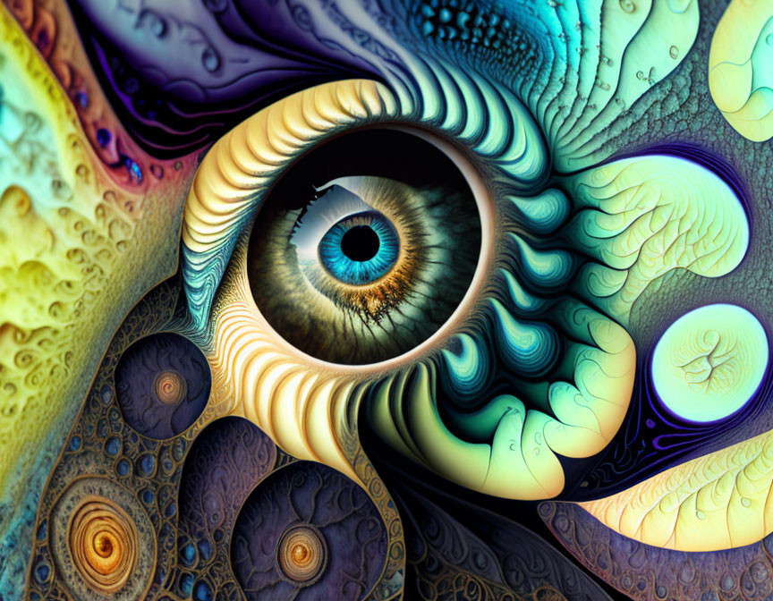 Hyperrealistic eye in abstract, colorful marine life textures