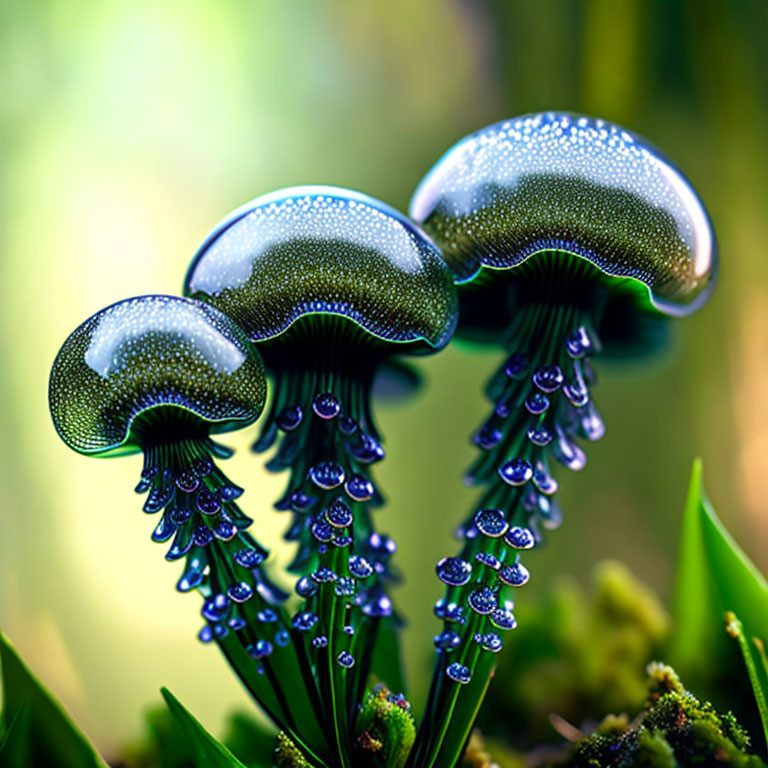 Glossy mushrooms with water droplets in natural setting