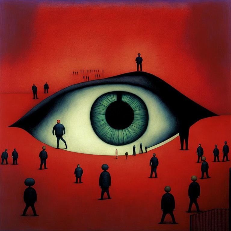 Surreal artwork: Giant eye with human figures on red backdrop