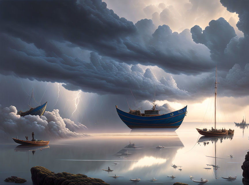 Boats floating in surreal sky and stormy waters