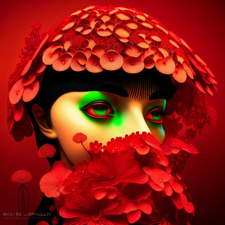 Colorful digital artwork: face with green eyes, red flowers, mushroom cap