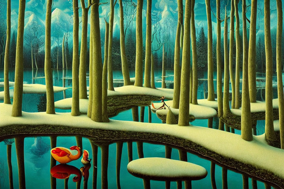 Surrealist winter forest painting with rowboat and red flower