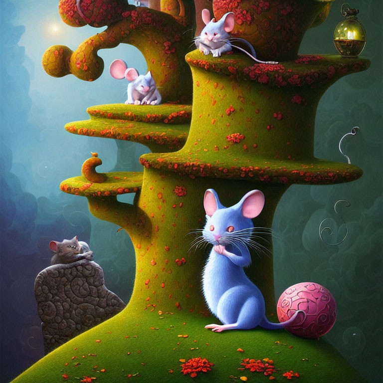 Whimsical oversized mice on fantastical tree in dreamy forest