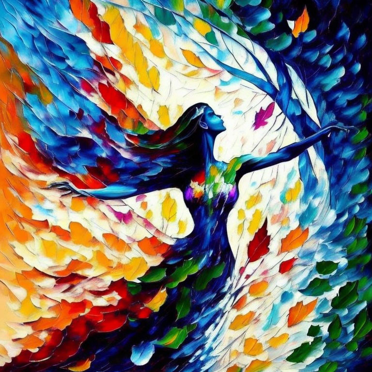 Colorful artwork of woman with flowing hair and feather-like dress.