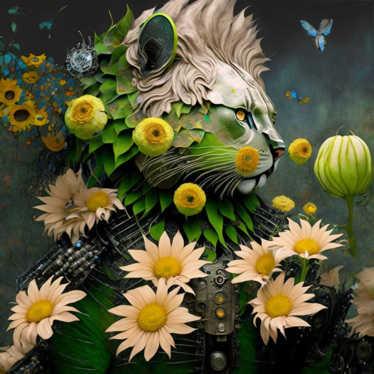 Surreal lion head with mechanical elements, green leaf manes, sunflowers, butterfly, and