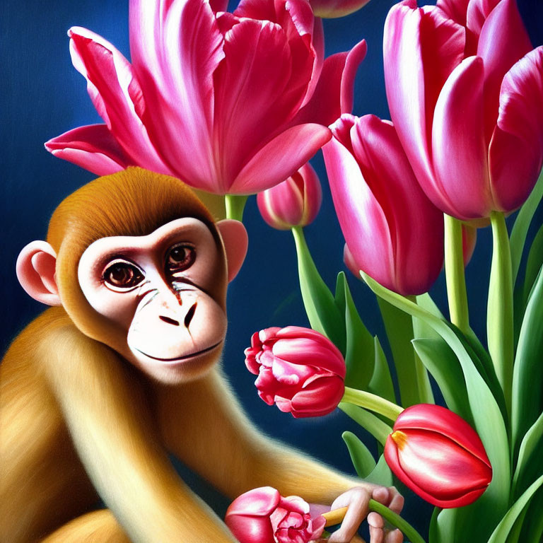 Colorful painting of monkey with expressive eyes among pink tulips on blue background