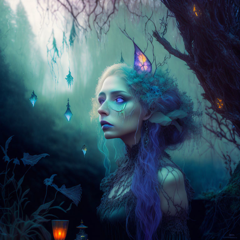 Enchanted forest scene with mystical female figure and glowing lanterns