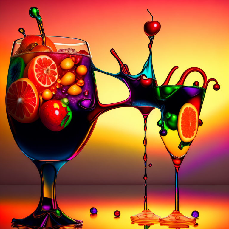 Colorful Alcoholic Drinks with Fruit Garnishes on Gradient Background