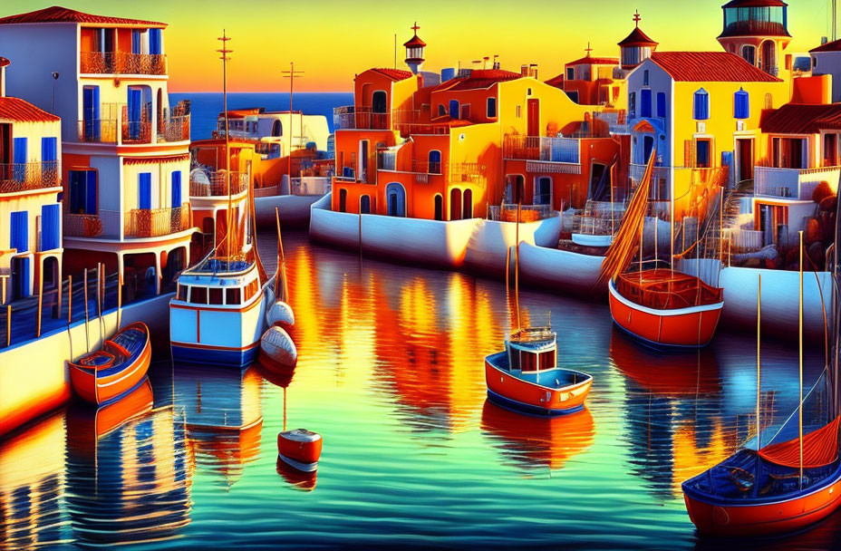 Picturesque coastal village at sunset with colorful boats and buildings