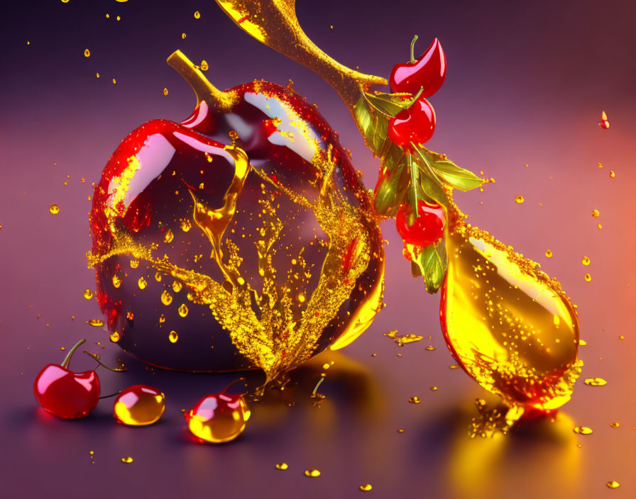 Vibrant golden liquid splash with cherries and orb on purple background