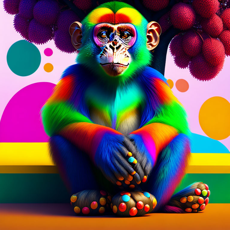 Colorful Monkey Artwork with Rainbow Fur on Abstract Background