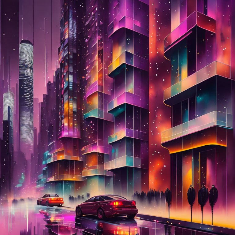 Futuristic neon-lit cityscape with high-rise buildings and glowing streets