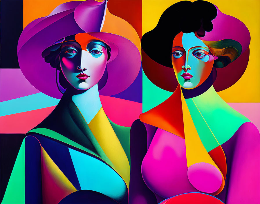 Colorful digital artwork: Two stylized female figures with abstract shapes and flowing lines.