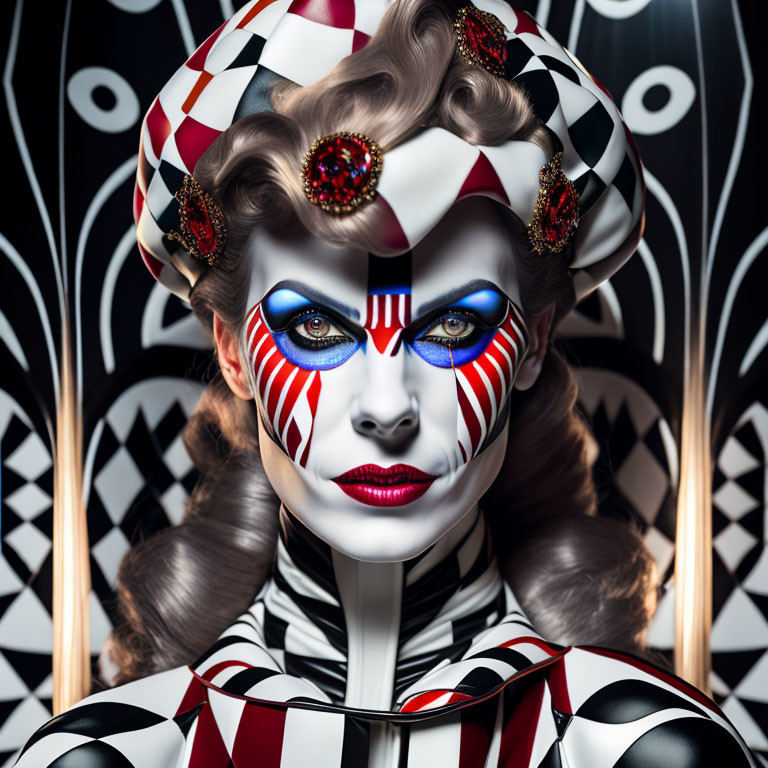 Woman with Harlequin-Inspired Makeup on Geometric Background